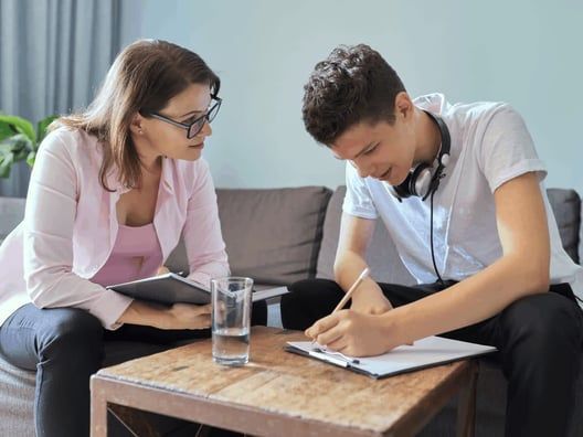 A woman in glasses and a pink jacket observes a teenage boy writing at a table. They are indoors on a couch.