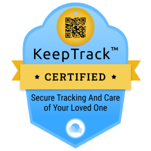 A blue and yellow KeepTrack certification badge featuring a QR code, the text