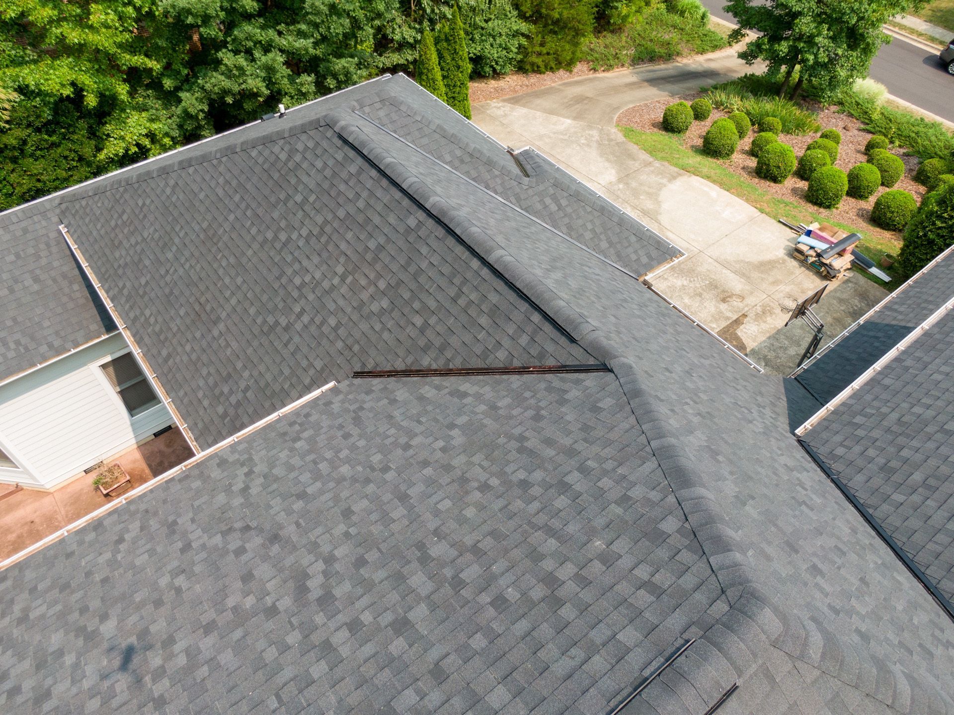 An aerial view of a roof of a house.