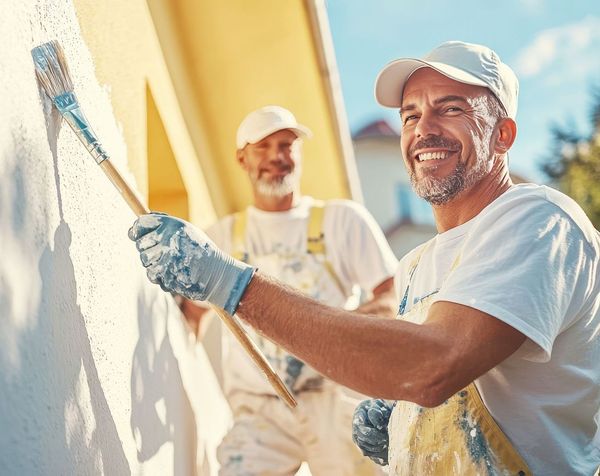 Two men are painting a wall together and smiling.
