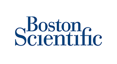 The logo for boston scientific is blue and white on a white background.