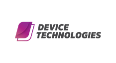 The logo for device technologies is purple and black.