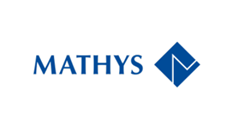 A logo for mathys with a blue diamond on a white background