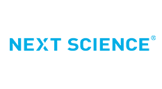 The logo for next science is blue and white on a white background.