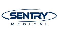 A blue logo for sentry medical on a white background.