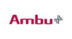 A red and white logo for ambu with a cross on a white background.