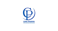 The logo for care pharma is a blue circle with a letter p inside of it.