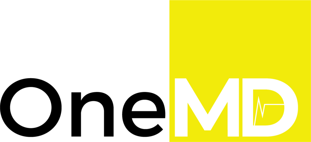 The logo for onemd is yellow and white with a black border.