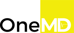 The logo for onemd is yellow and white with a black border.