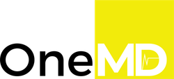 The logo for onemd is yellow and white with a black border.