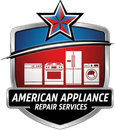 Logo for American Appliance Repair Services: A red, white, and blue shield with appliance illustrations and a star.