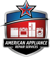 Logo for American Appliance Repair Services: A red, white, and blue shield with appliance illustrations and a star.