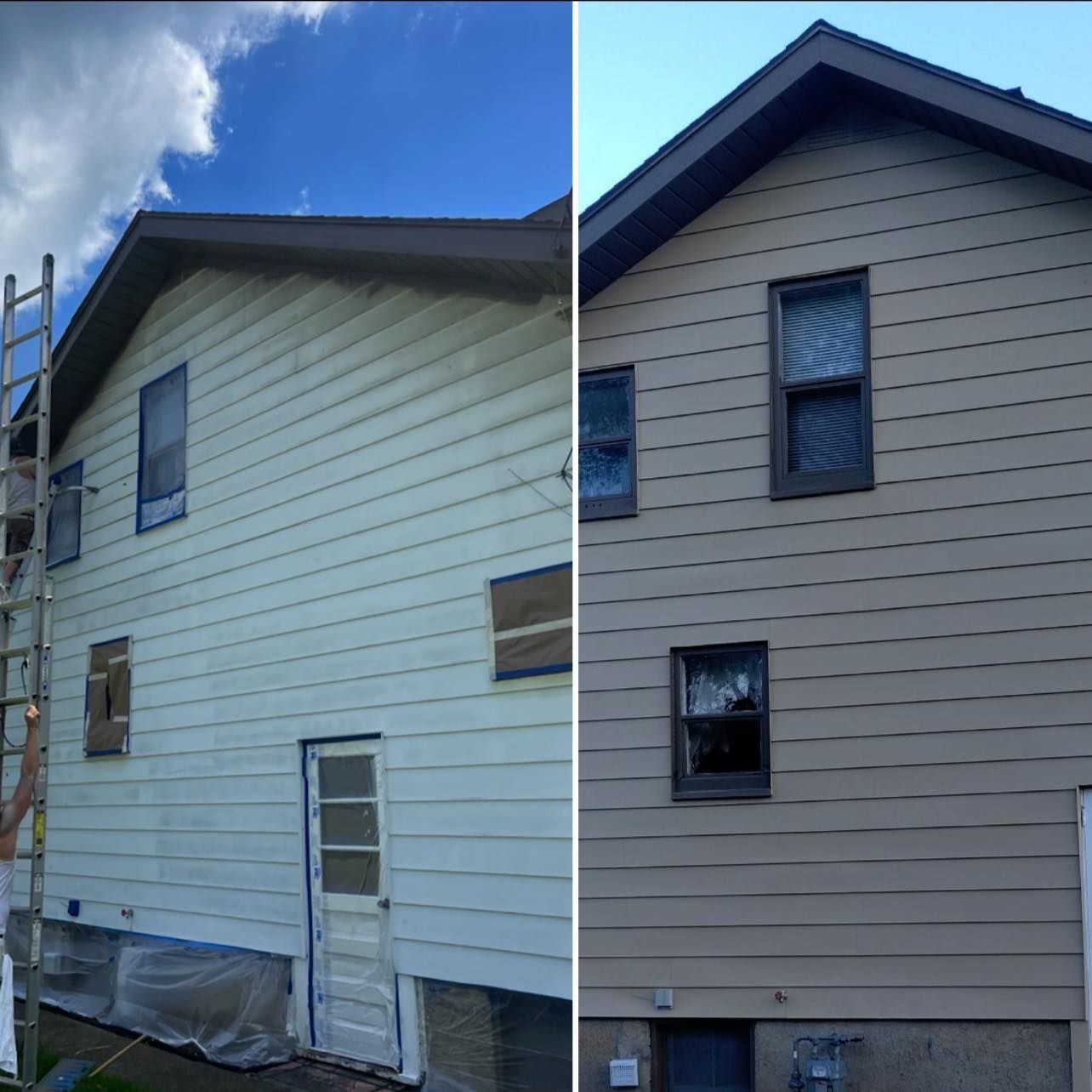 A before and after picture of a house being painted