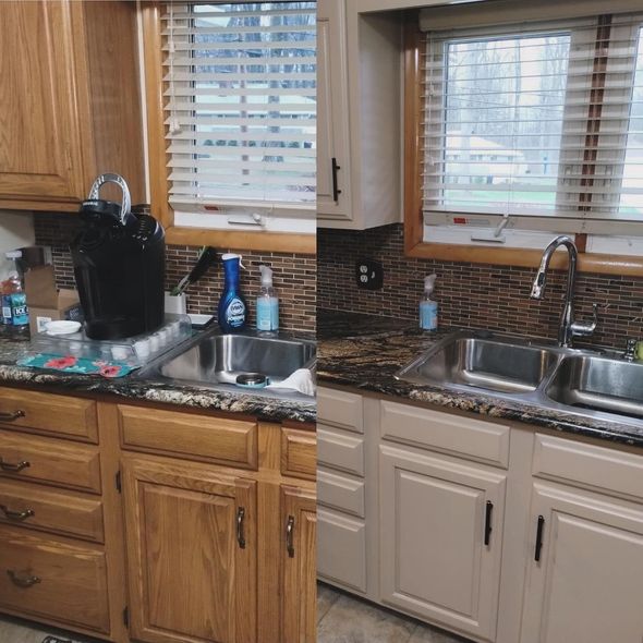 A before and after photo of a kitchen sink