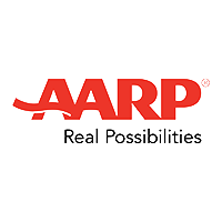 The aarp logo is red and white and says `` real possibilities ''.