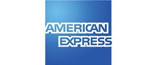 The american express logo is blue and white on a white background.