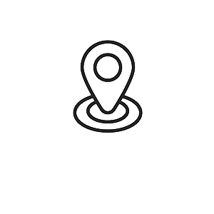 A black and white icon of a map pin on a white background.