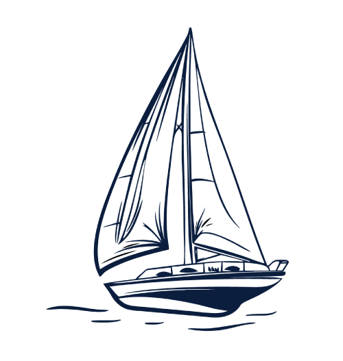Sailboat with blue sails gliding on the water.