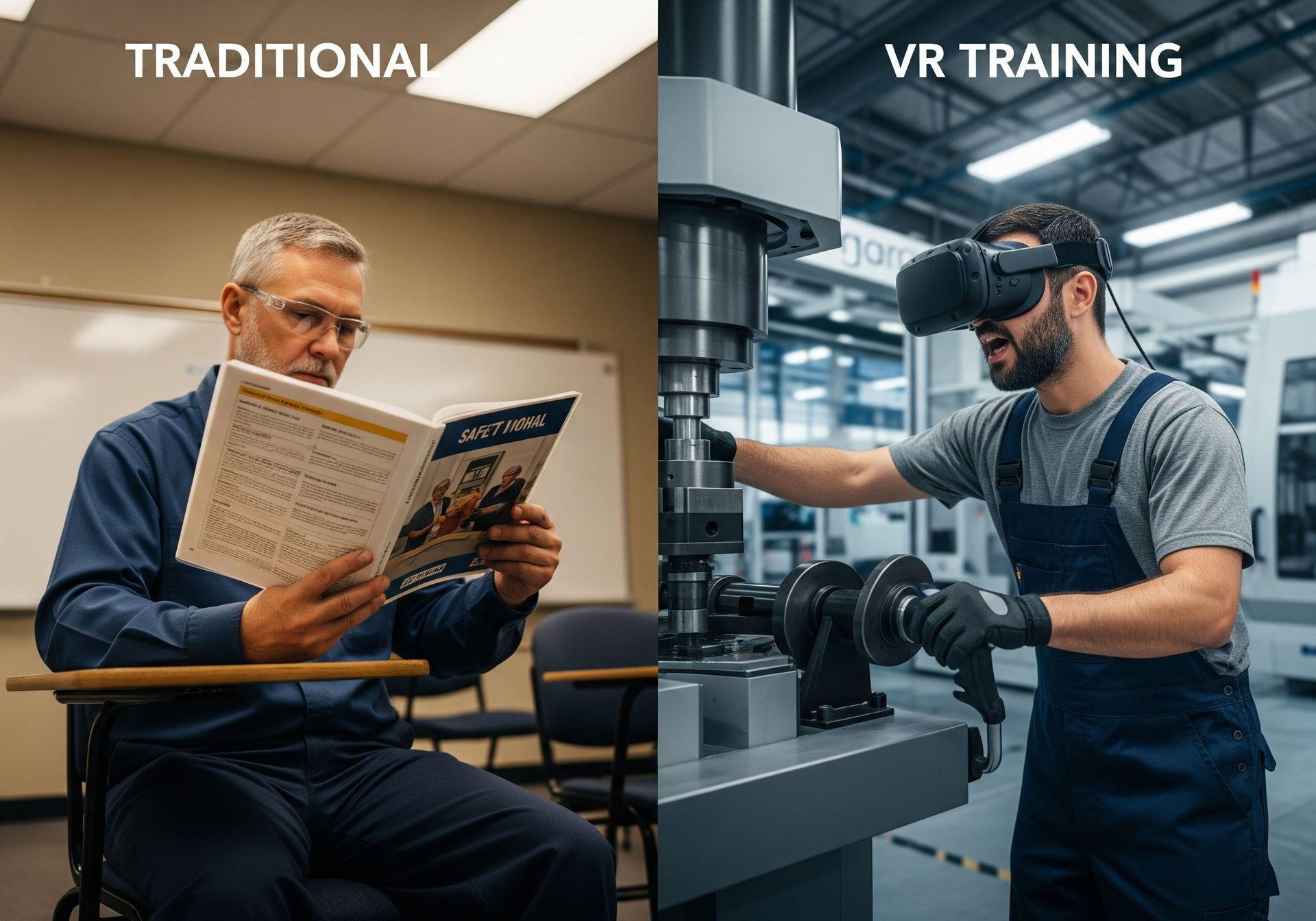 Comparative: US employee disengaged with manual vs. actively engaged in VR headset for job skills