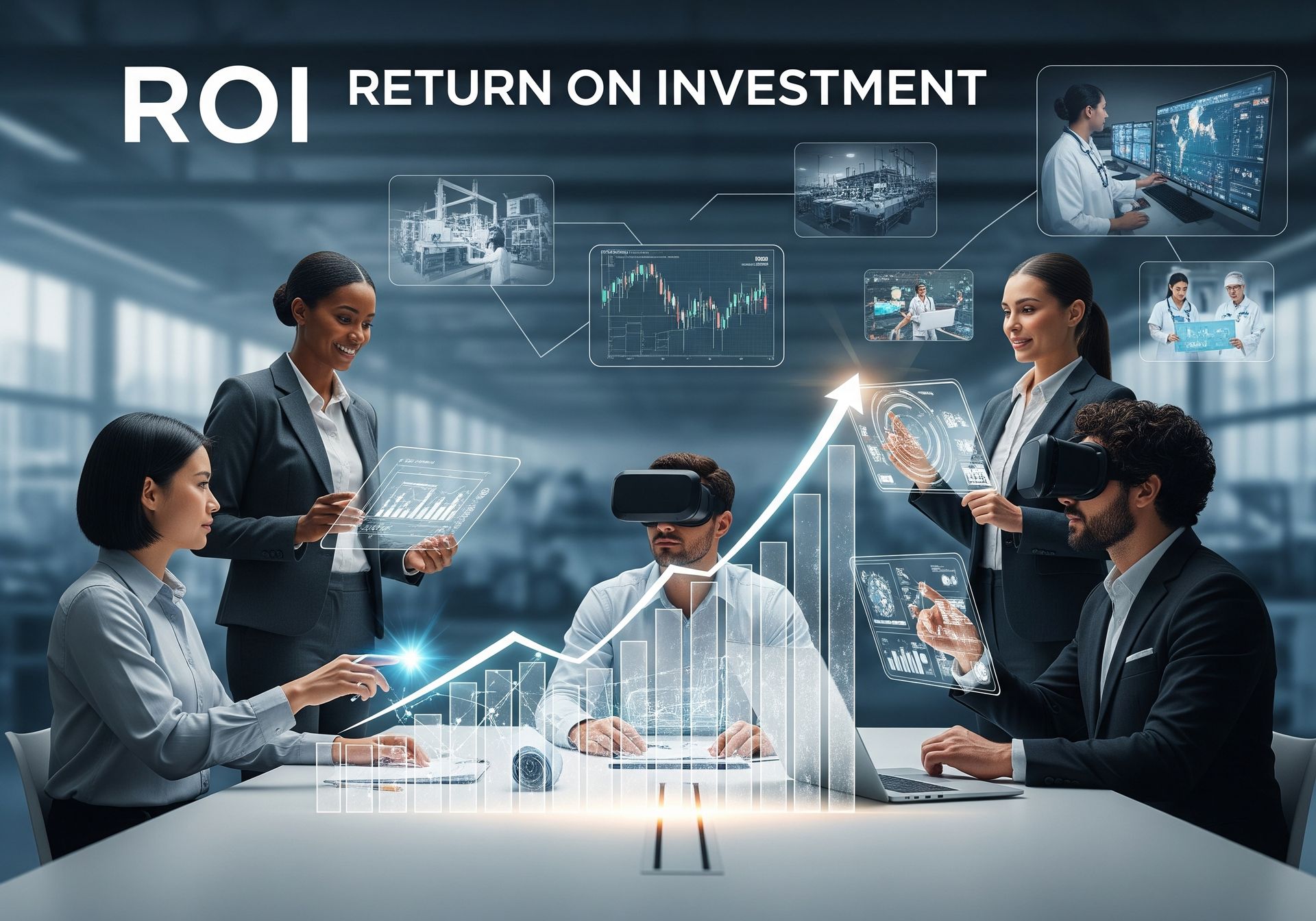 Upward graph intertwined with diverse US business professionals confidently engaging with future tec