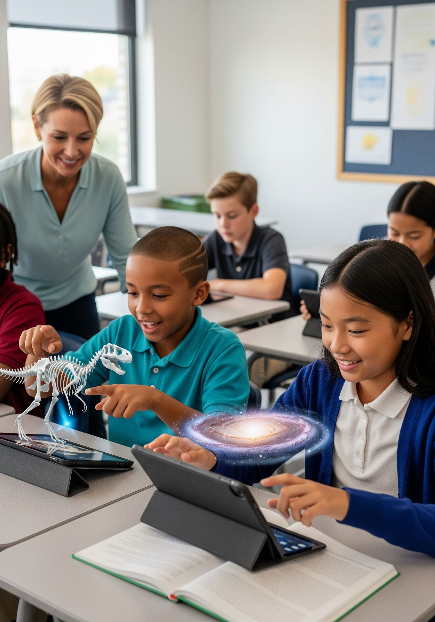 US K-12 students in a modern classroom, actively using AR tablets to interact with 3D education.