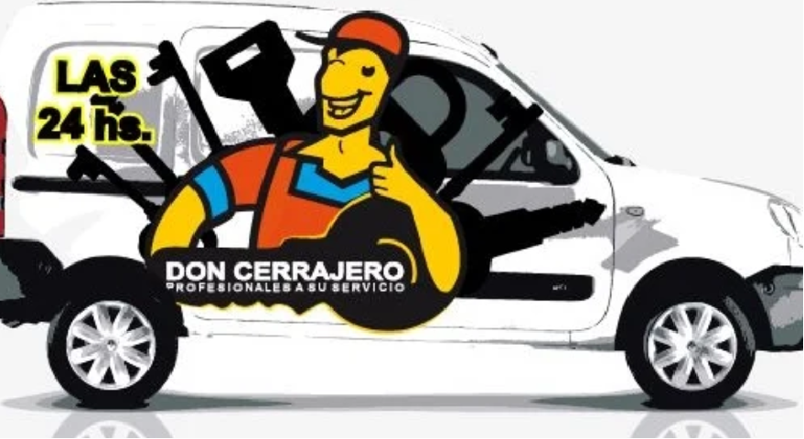 Furgoneta blanca con un personaje de dibujos animados de cerrajero, llaves y el texto 