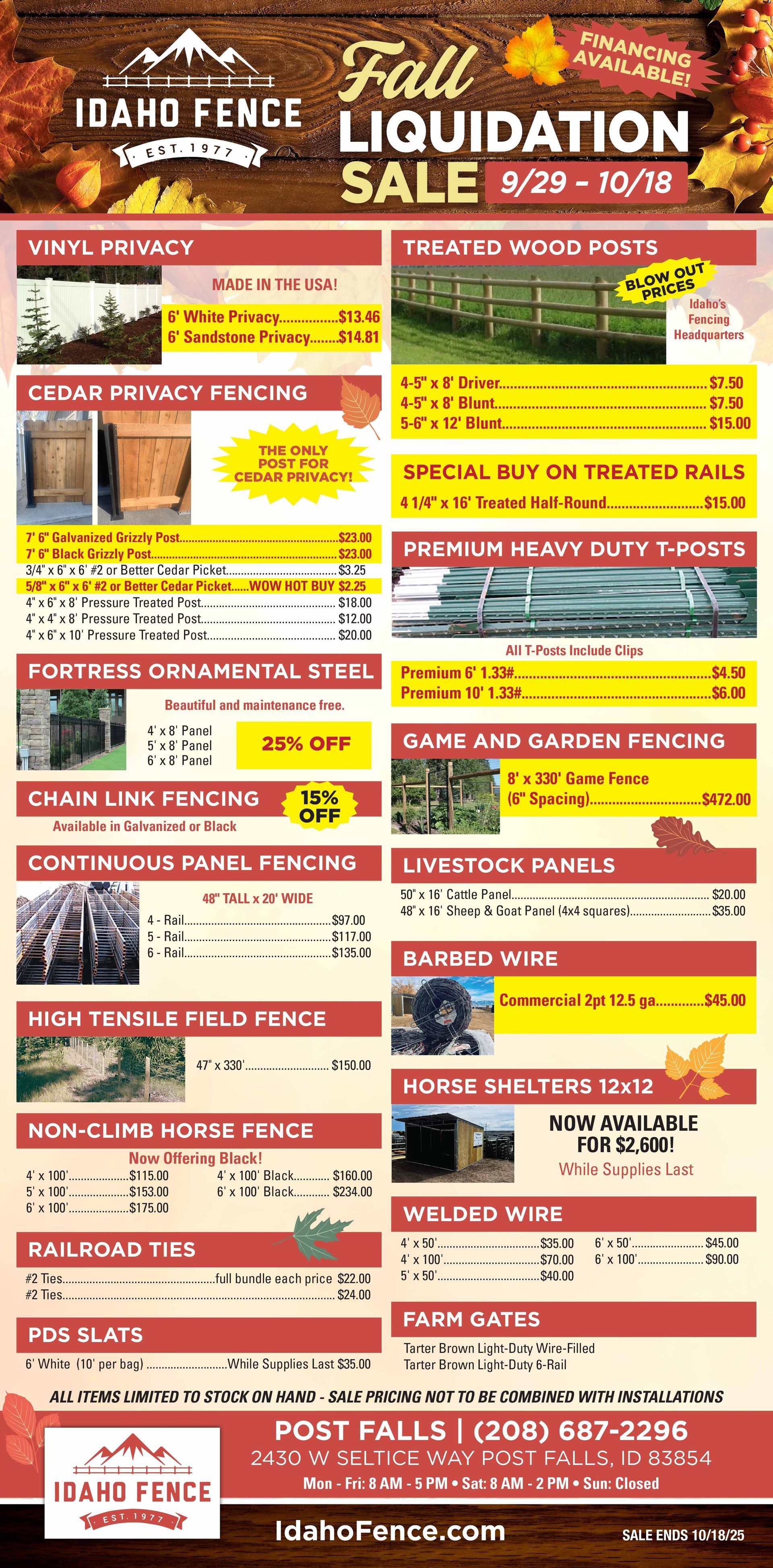 Fall liquidation sale ad. Fences, posts, and accessories. 8/29-10/14. Grand Fence.