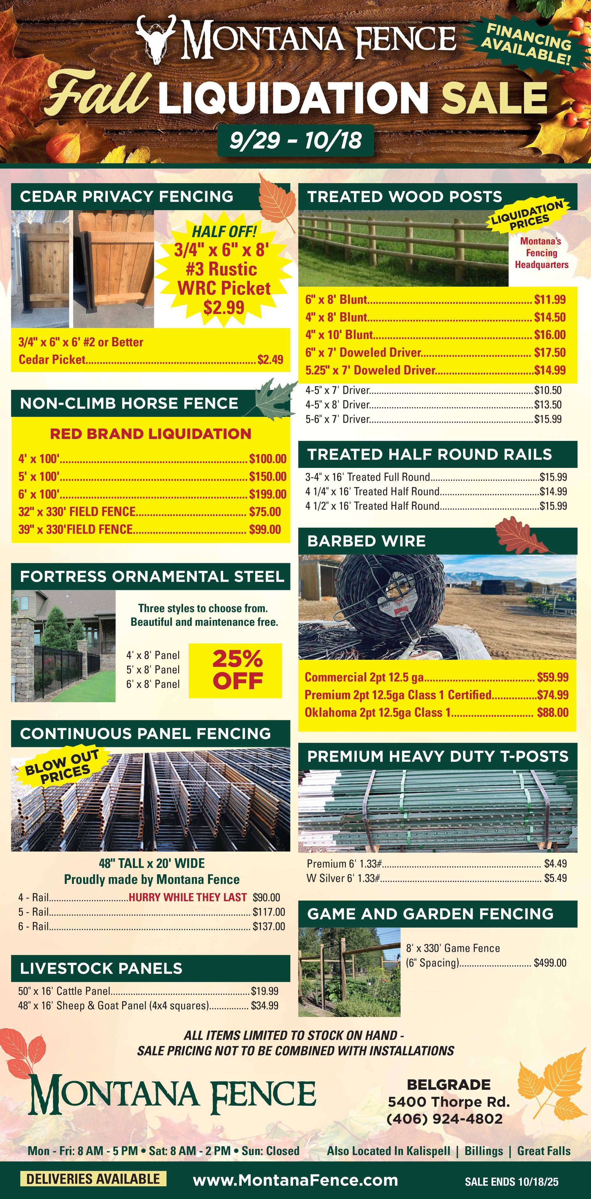 Fall liquidation sale ad for Montana Fence: cedar privacy fencing, cattle panels, and more.