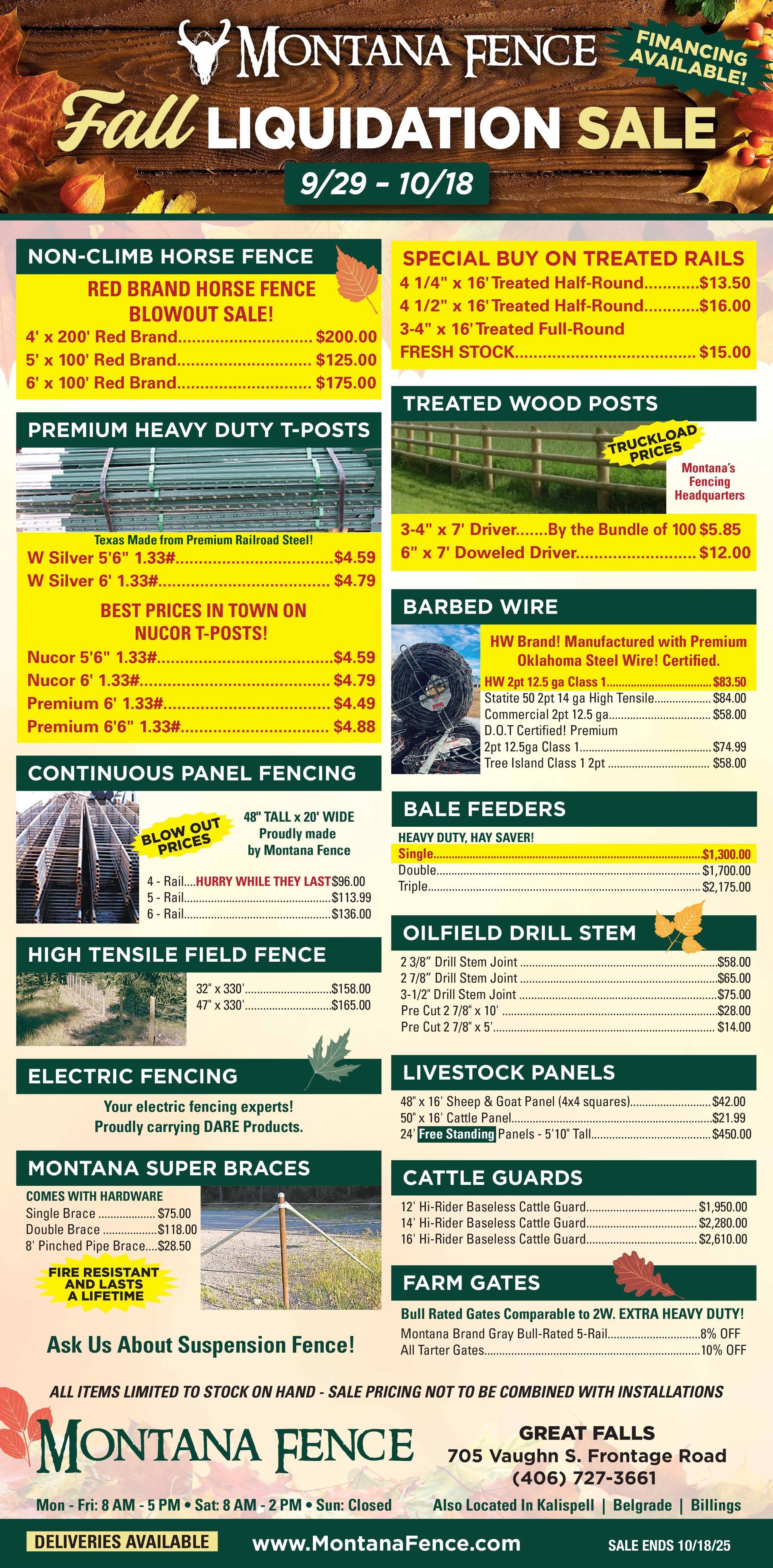 A poster showing different types of fences and their prices.