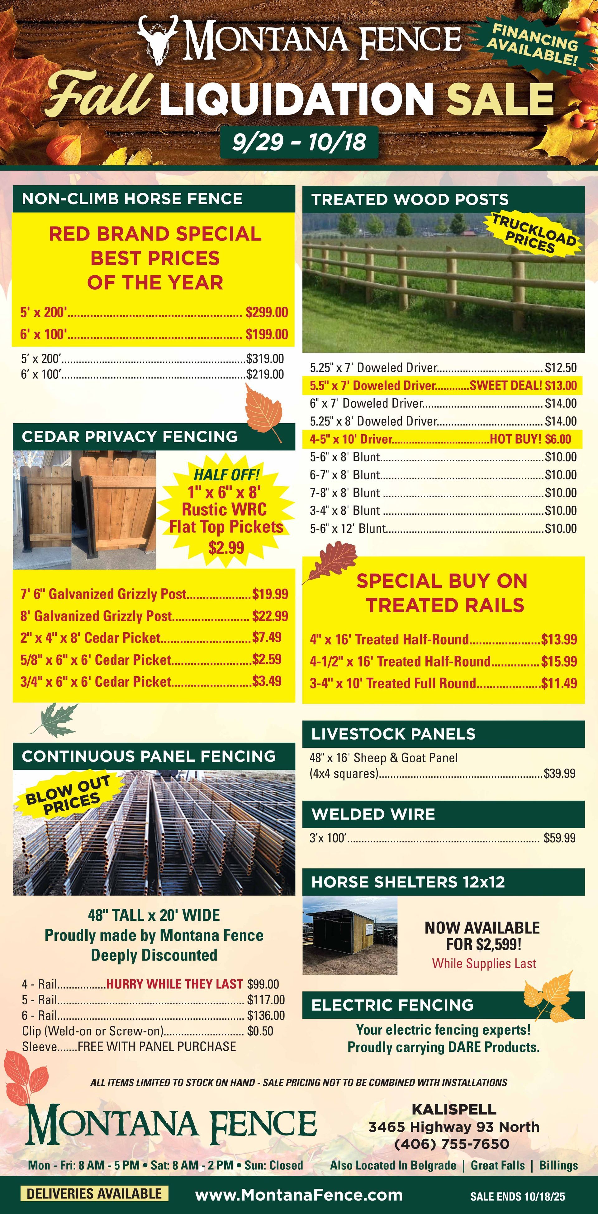 Flyer advertising Montana Fence's Fall Liquidation Sale, featuring various fencing options with prices.