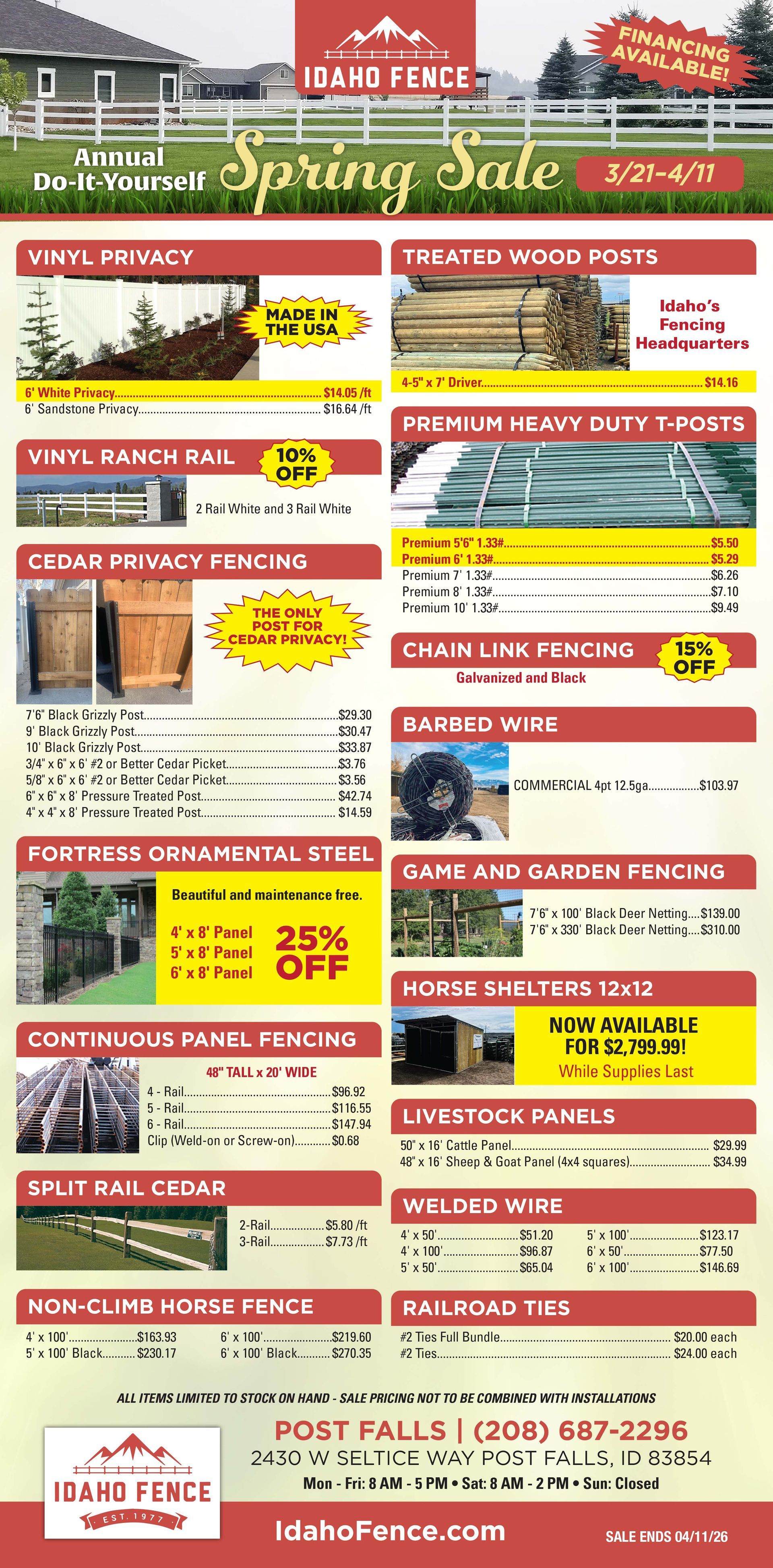 Idaho Fence Spring Sale flyer featuring various fencing products, cedar, hardware, and pricing on a light background.