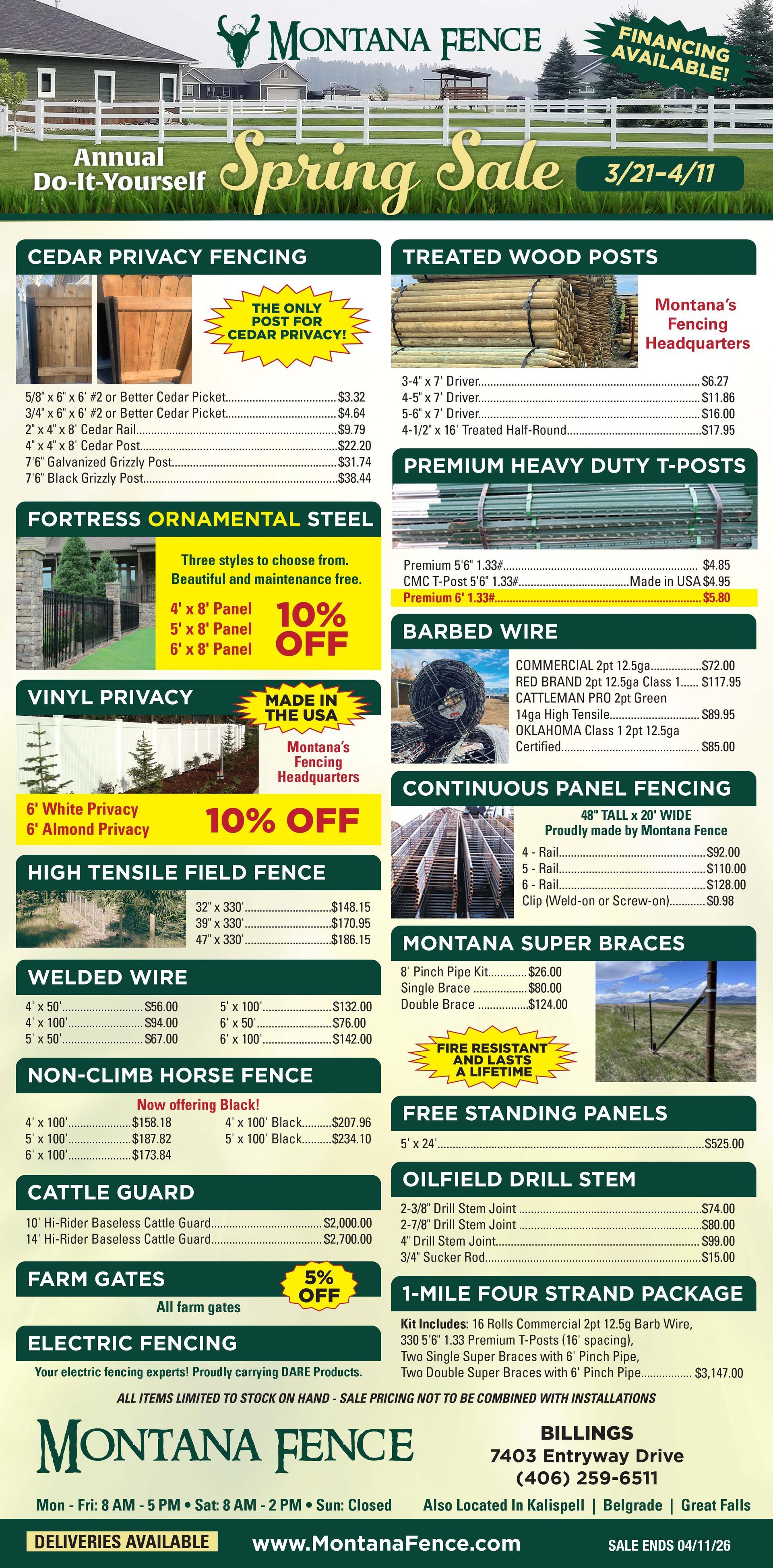 Montana Fence Spring Sale flyer listing various fencing products, wire, and farm gate options with discounted pricing.