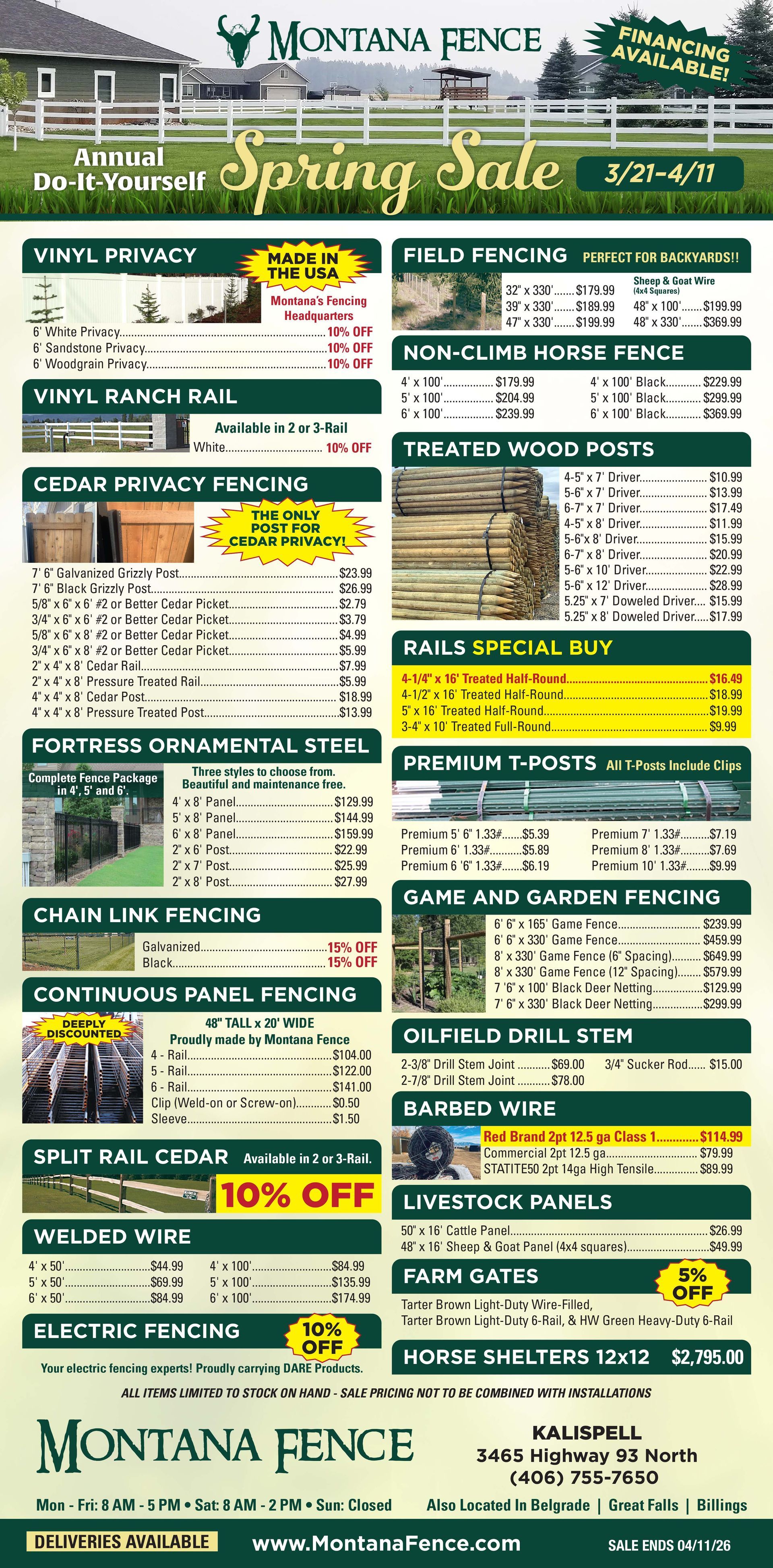 Montana Fence Spring Sale flyer listing various fencing materials, posts, and supplies with prices and store details.