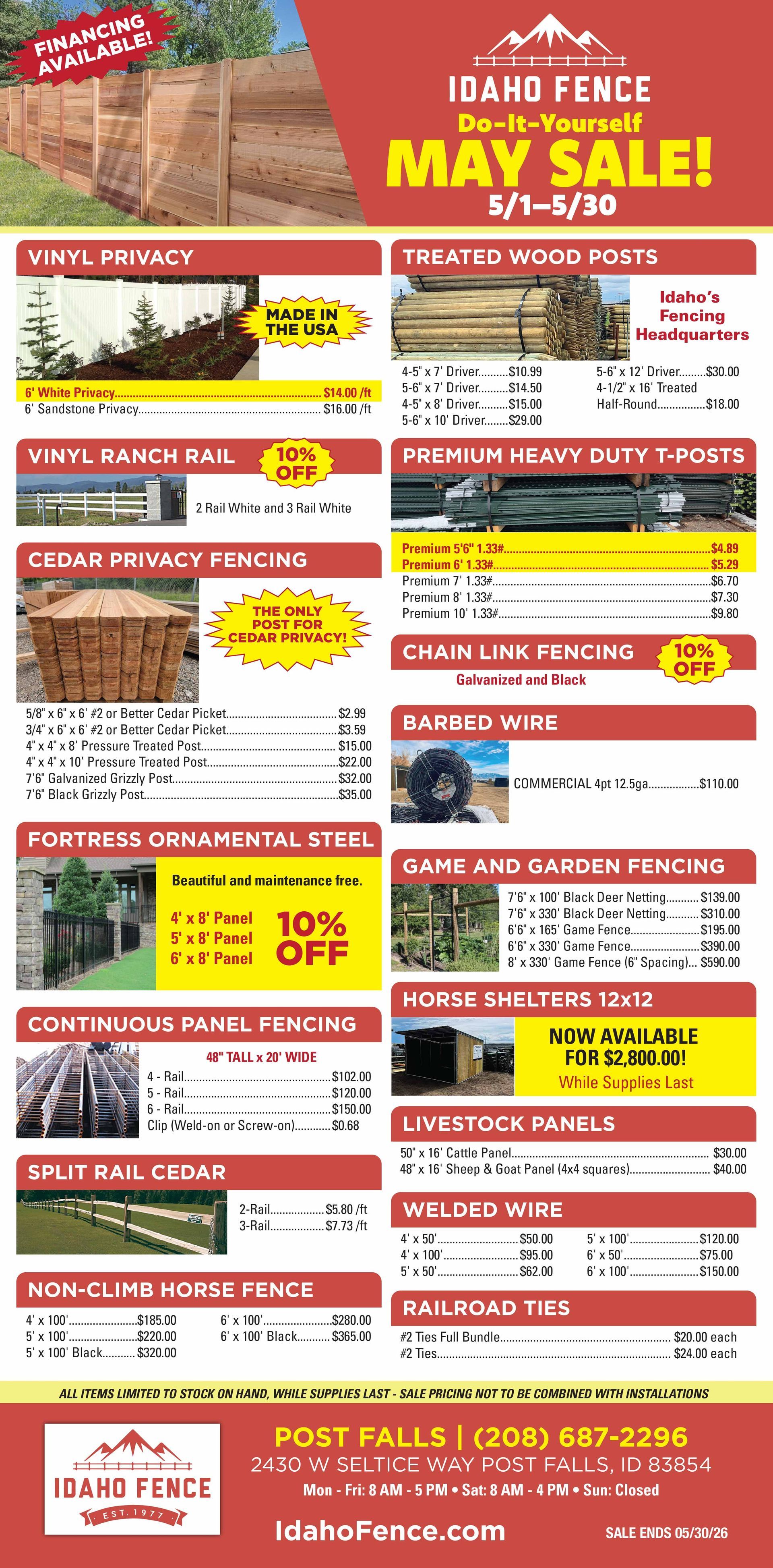 Red and white advertising flyer for Idaho Fence’s May sale, with product deals and contact info.