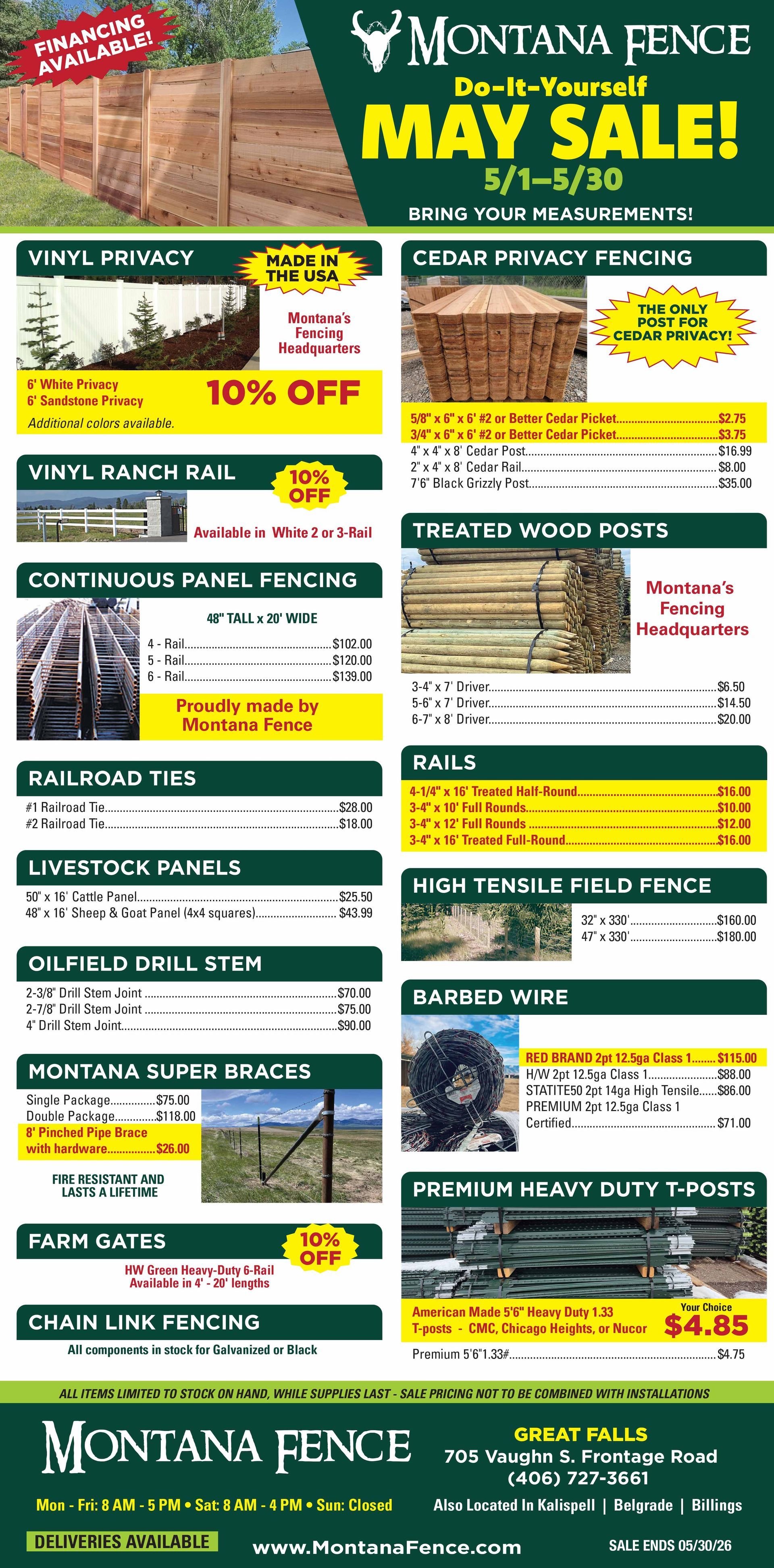 Montana Fence May sale flyer with green-and-yellow layout, product photos, prices, and discounts up to 30% off