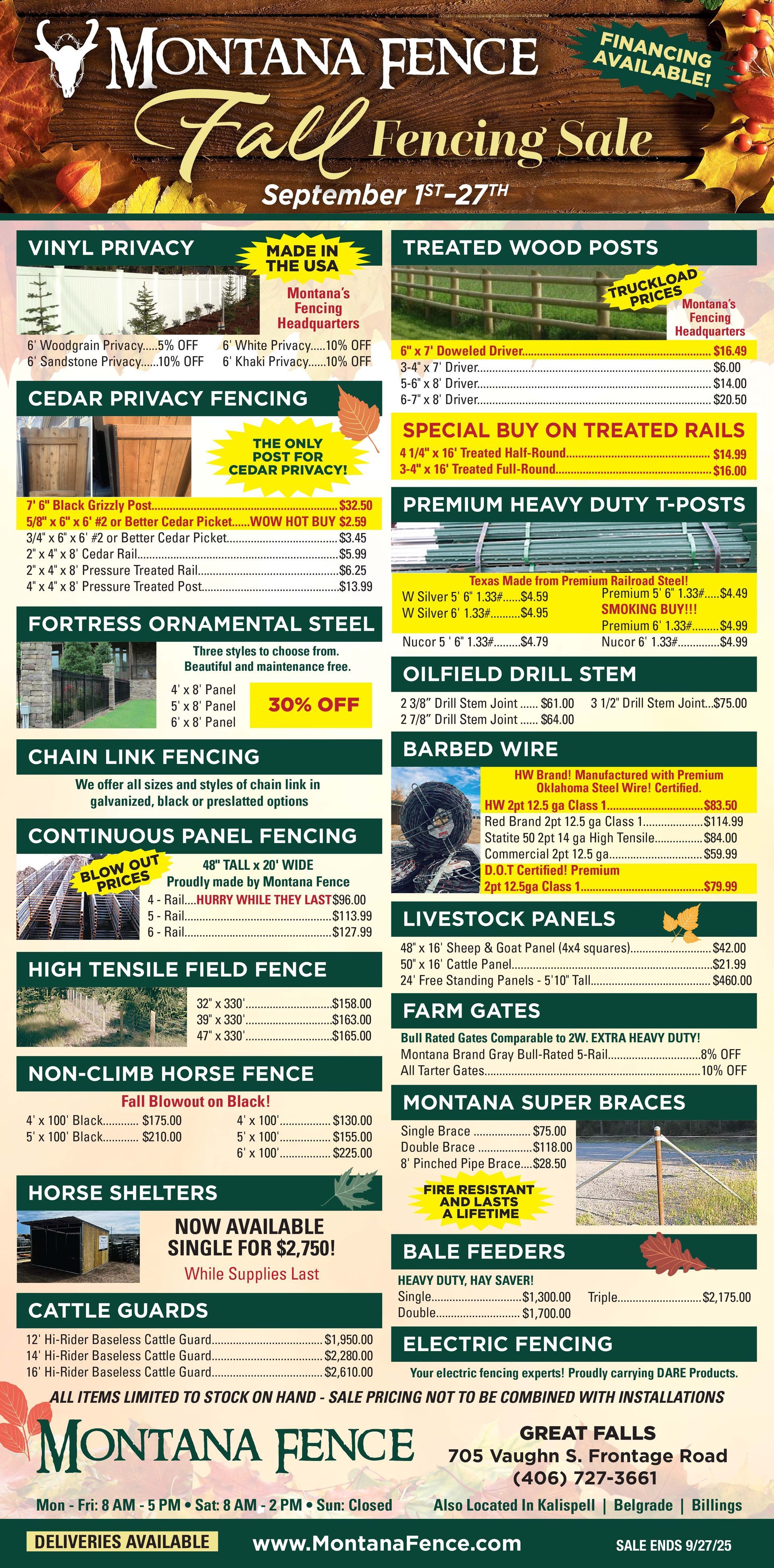 A poster showing different types of fences and their prices.