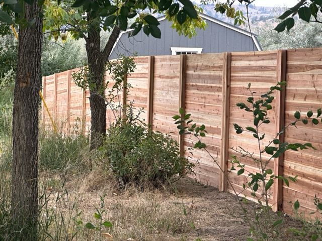 A wooden fence is surrounded by trees and grass in a yard.