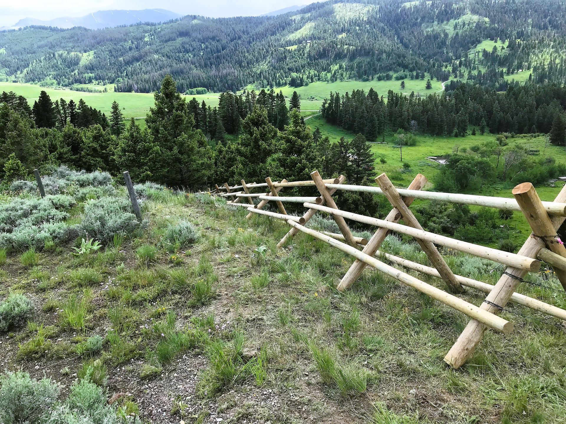 A wooden fence is sitting on top of a grassy hill.