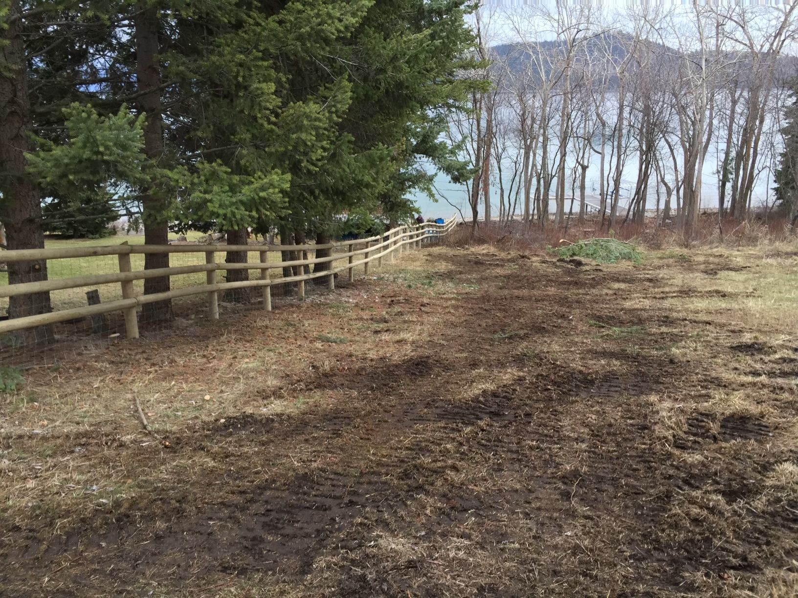 A wooden fence surrounds a dirt field with trees in the background.