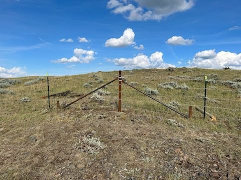 There is a fence in the middle of a field with a blue sky in the background.