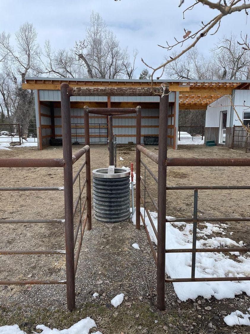 A metal gate is leading to a fenced in area with a shed in the background.