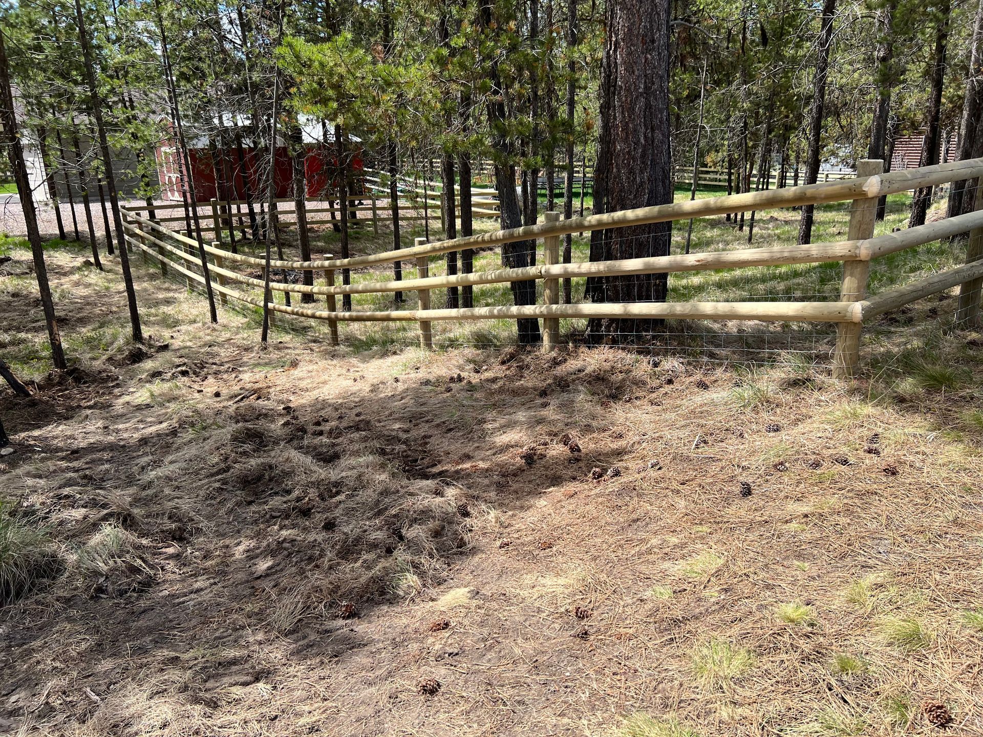 A wooden fence in the middle of a forest.