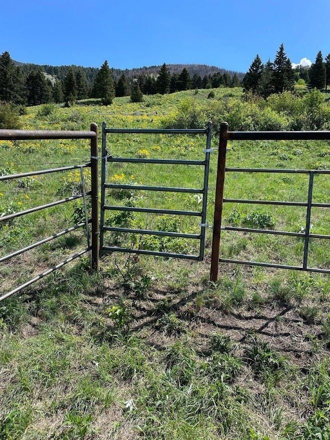 There is a gate in the middle of a grassy field.