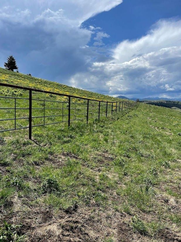 There is a fence in the middle of a grassy field.