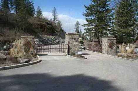 There is a gate in the middle of a road surrounded by trees.