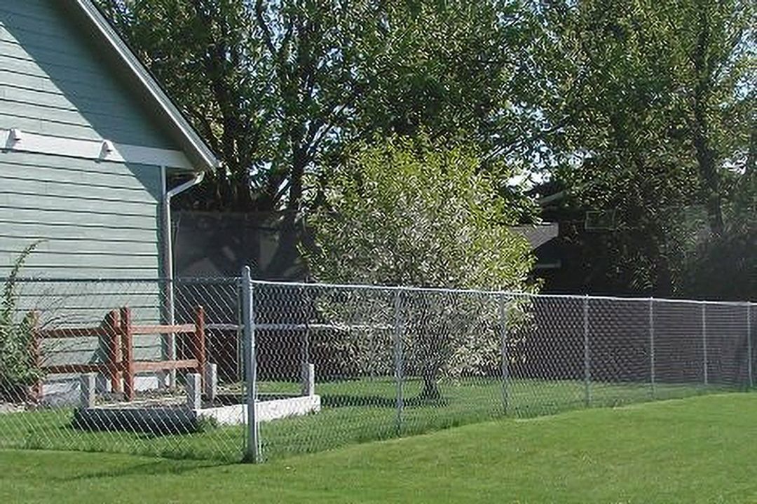 A chain link fence surrounds a lush green yard in front of a house.