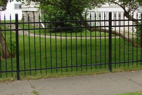 A black metal fence surrounds a lush green yard