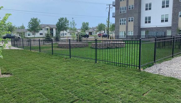 A black metal fence surrounds a lush green lawn in front of a building.
