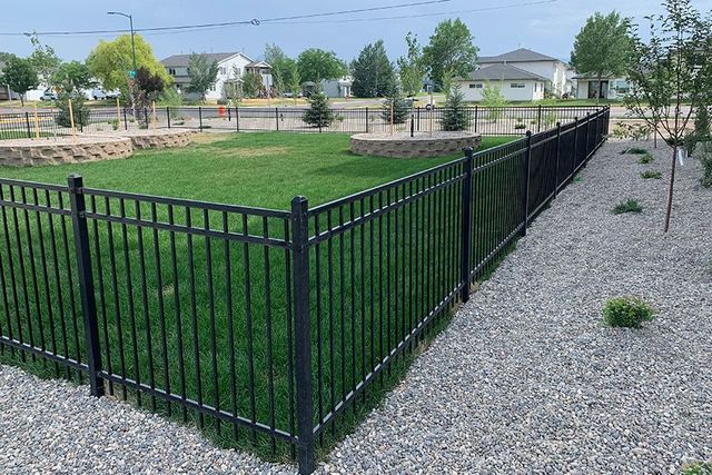 A black metal fence surrounds a grassy area in a park.