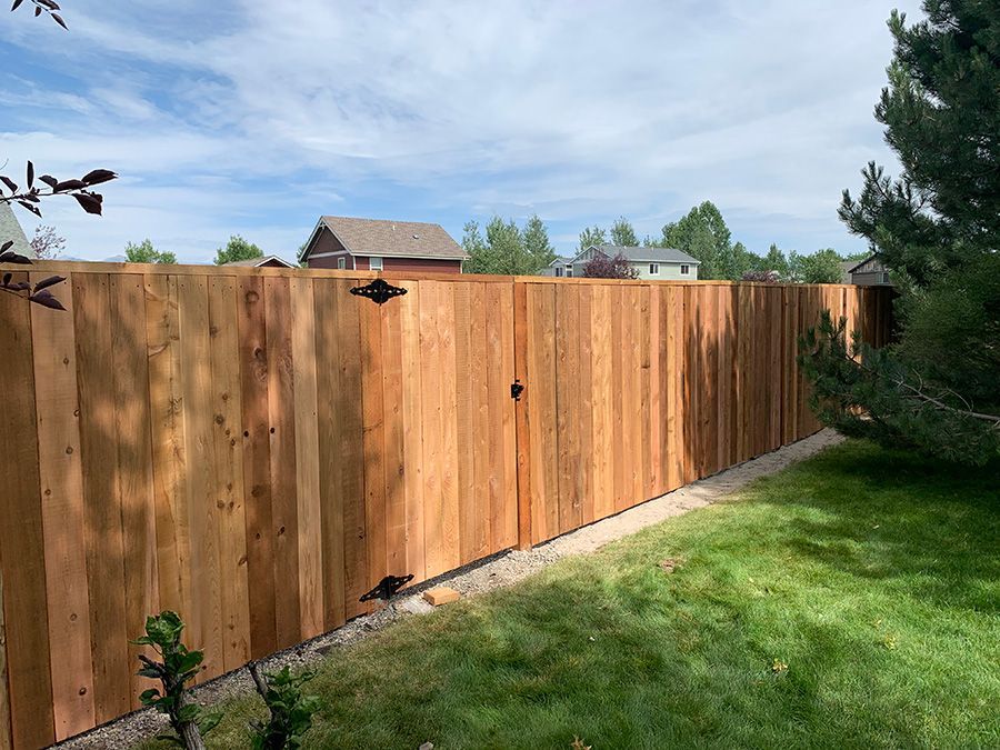 A wooden fence with a gate in the backyard of a house.